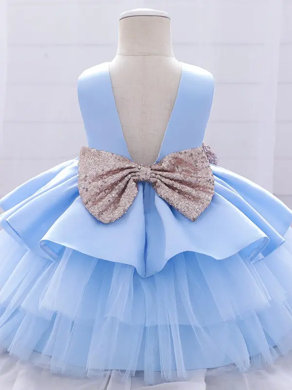 Toddler Girl's Bow Decor Mesh Sweater Dress, Elegant Big Bow Decor Princess Dress for Party Wedding Guest, Kids Clothes for All Seasons 2