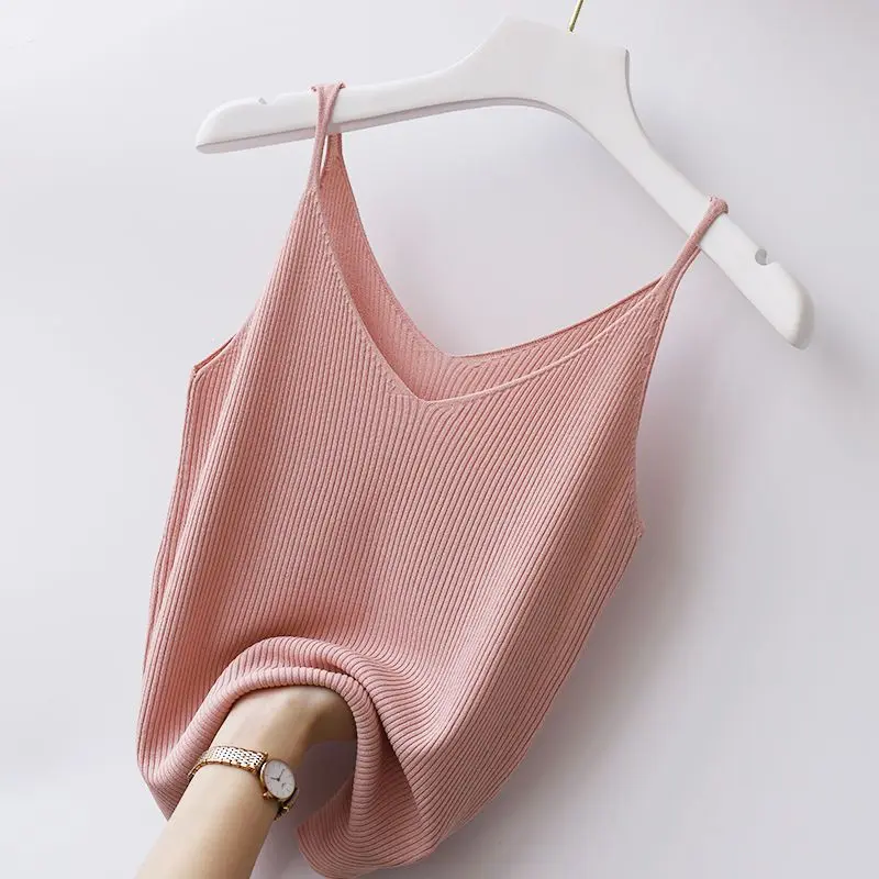 Áo Vest Hai Dây Ngoại Cỡ Cho Nữ, Cổ Chữ V, Chất Liệu Lụa Lạnh Dệt Kim Gân Ngắn Gợi Cảm, Áo Phong Cách HyunA Dễ Phối Đồ, Khách Hàng Lặp Lại Hơn 1,000 Người Dùng