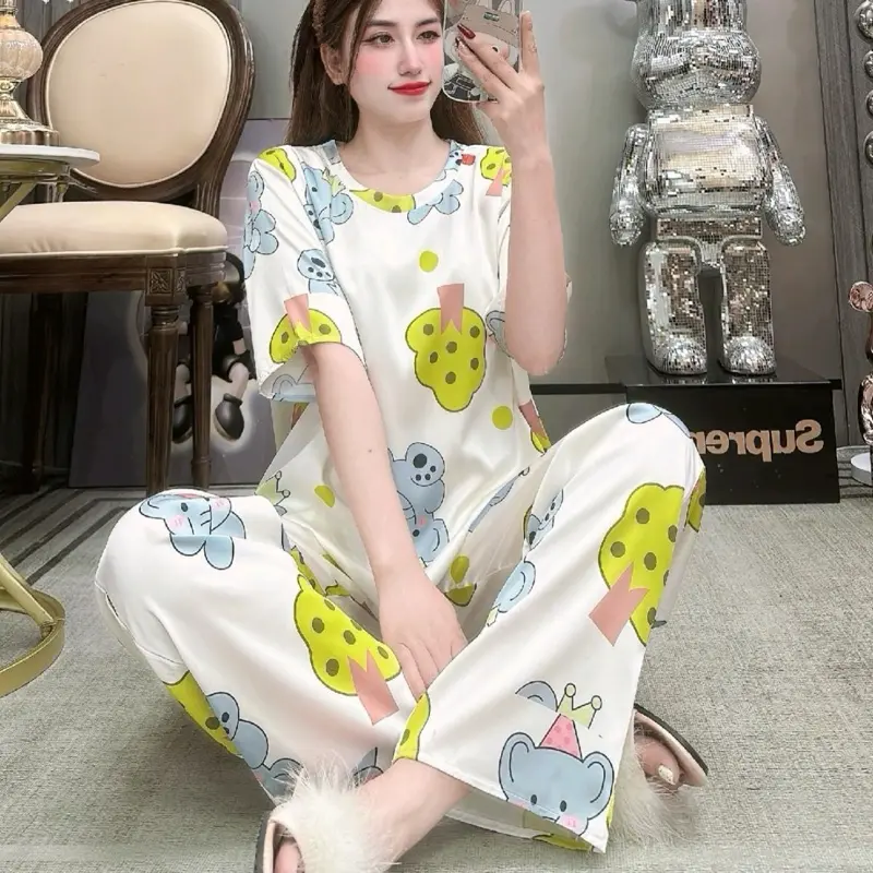 Bộ pijama LỤA MỊN TƠ TẰM( cổ tròn tay ngắn) nhiều hoạ tiết 40_60kg