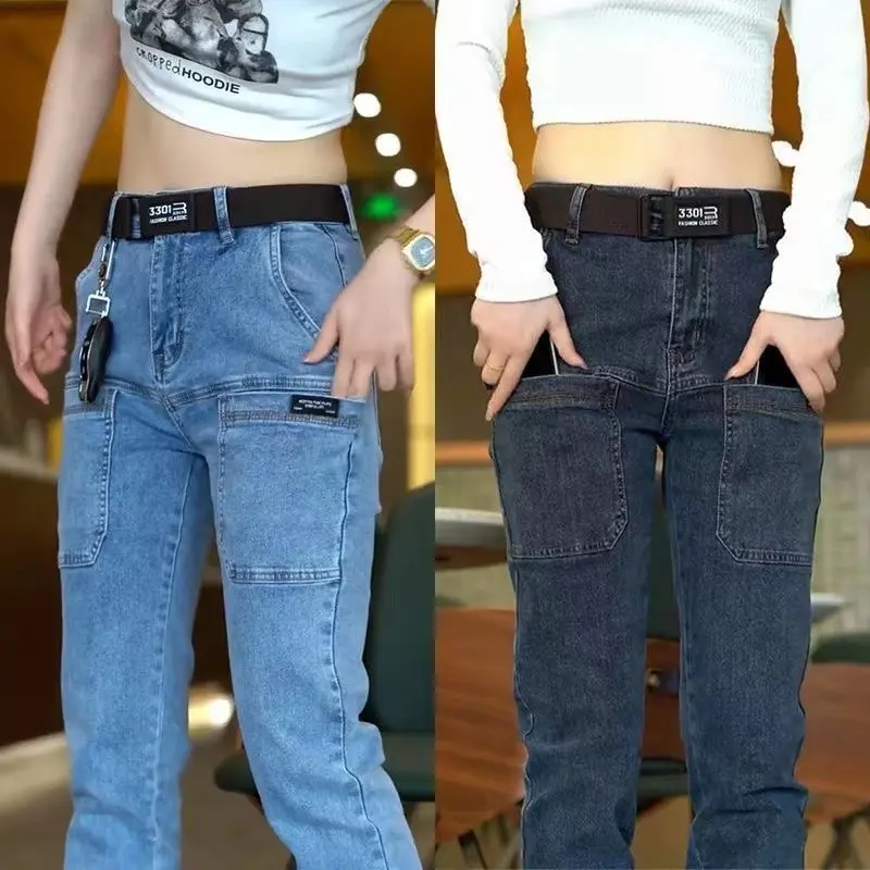 28-40 Men Jeans Big Pocket Slim Fit Bootcut Pencil Elastic Stretch Spring Summer Autumn Winter Fashion Casual Street Denim Pants Trousers Plus Size Black Grey Blue