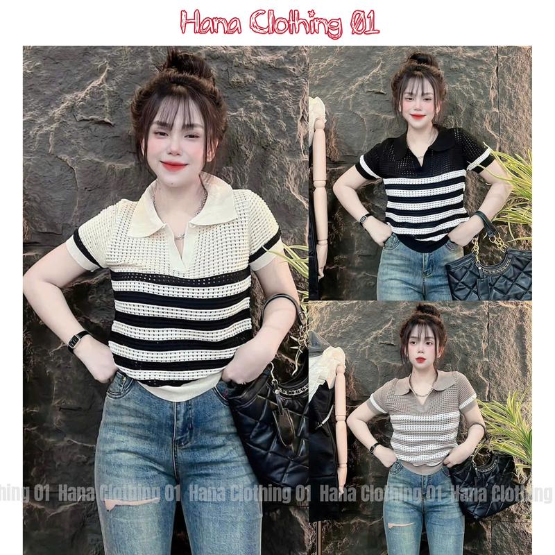 HANA CLOTHING 01_ Áo Po lô Cộc Tay LOTUS Vải Len Lỗ Thoáng Mát Kẻ Ngang Màu Trắng Be Xanh Đen Nâu