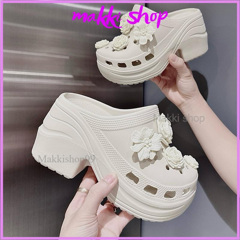 Tặng charm Dép sục nữ độn đế 8cm gắn Hoa dép đúc đi mưa chất mềm nhẹ hàng hot trend