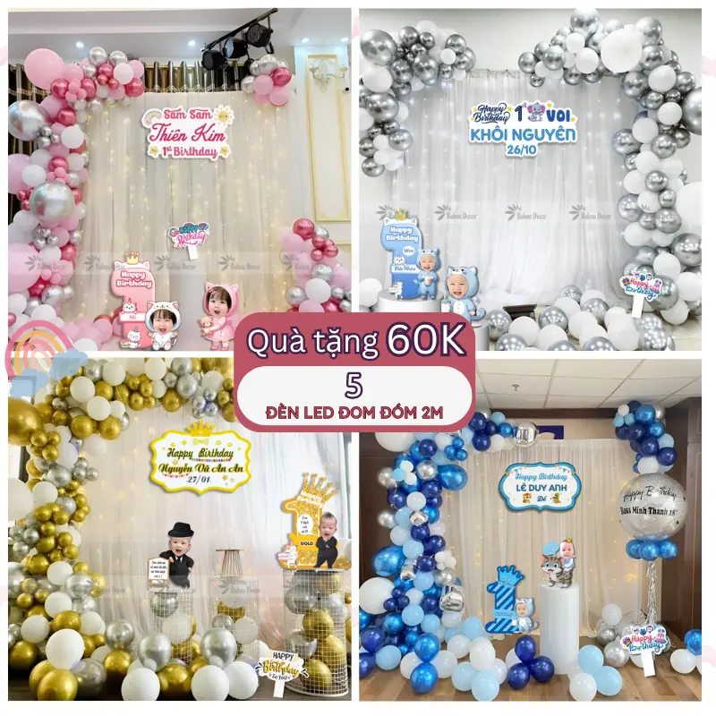 [TẶNG 5 ĐÈN LED] Set bóng trang trí sinh nhật kèm rèm voan trắng, bảng tên và hashtag cầm tay cho bé trai và bé gái Babuu Decor