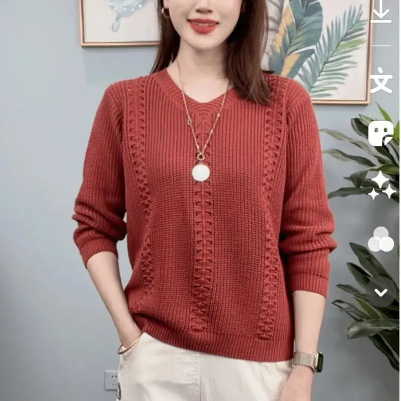 Áo Len Dệt Kim, Cổ Chữ V, Đi Lại Thường Ngày Hàng Mới Về Đầu Mùa Thu 2024, Áo Sơ Mi Cơ Sở Lớp Bên Trong Sành Điệu, Áo Chui Đầu Nữ 1