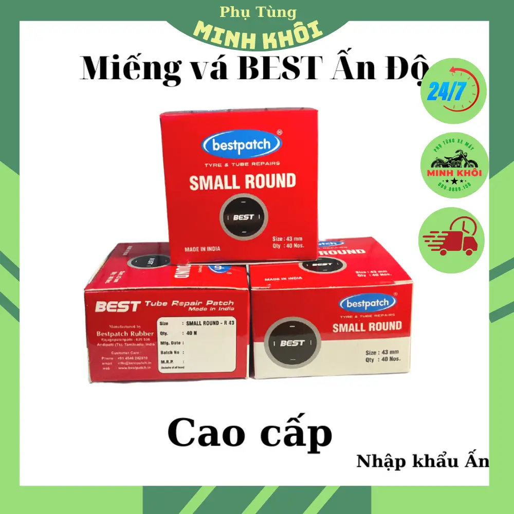 [CHÍNH HÃNG] Hộp 40 miếng Tròn 43mm Vá Ruột - Vỏ Không Ruột - Lốp Ô tô Xe máy Chính Hãng Bestpatch India