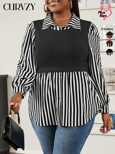 CURVZY Plus Size 2 in 1 Striped Print Bishop Sleeve Blouse, Casual Long Sleeve Collared Top for Spring & Fall, Women's Clothes for Daily Wear, Valentine's Day Gift for Girl, Fall Clothes, Winter Clothes