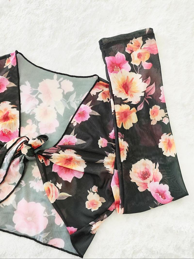 Product Introduction of Women's Halter Neck High Cut Bikini Set, Triangle Swim Bra & Swim Panty & Floral Print Drawstring Cover Up Skirt & Tie Front Cover Up Top, Ladies Summer Swimsuit 8