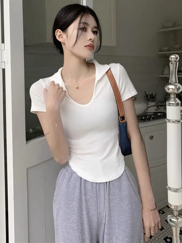 【Premium】U-Neck Short Sleeve Stretchy Basic Collar Top 7107 (S/M/L) 2