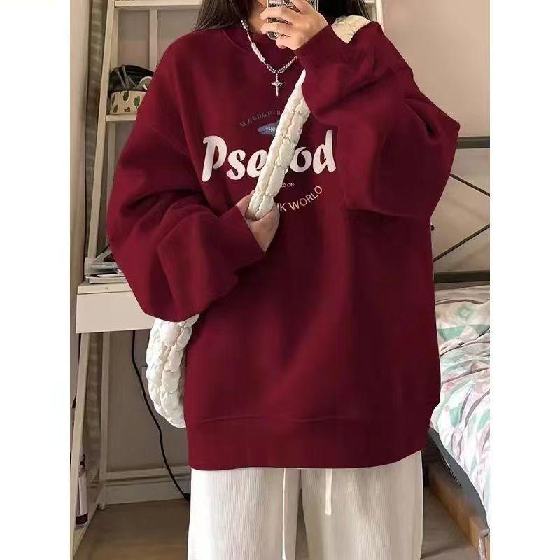 Sweater Merah Wain, Gaya Retro Amerika, Leher Krew, Untuk Wanita ...