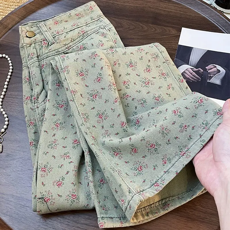 Quần Jean Ống Đứng, Phong Cách Cổ Điển Hoa, Dành Cho Phụ Nữ, Thiết Kế Mới, Thiết Kế Đẹp, Độc Đáo, Cạp Cao, Dáng Rộng Vừa Vặn, Quần Ống Rộng Thường Ngày Phong Cách Instagram Hợp Xu hướng