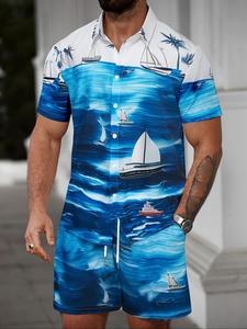 Two-Piece Set Men's Regular Fit Sailboat Print Shirt & Shorts Set, Casual Short Sleeve Button Up Top & Shorts for Summer, Men's Two-piece for Beach Vacation