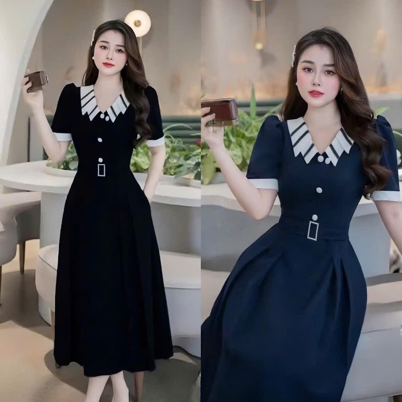 Váy Dự Tiệc Cổ Sọc Phối Vải Cotton Lạnh 40 - 95Kg Thời Trang Nữ Béo Xinh Shop - A.1405