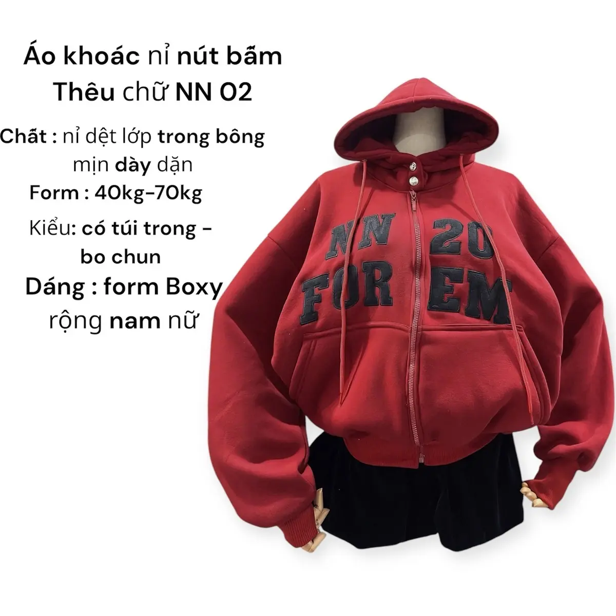 Áo khoác Hoodi Zip nỉ dệt form rộng boxy nút bấm 4 túi thêu NN 20  - Freeesize nam nữ từ 40kg-70kg - Women, Hoodie
