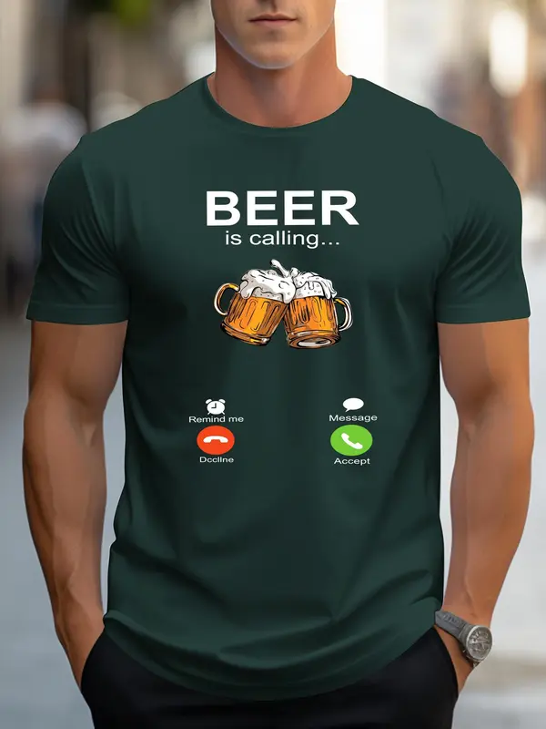 Men's Beer & Letter Graphic Round Neck Tee, Casual Comfy Regular Fit Short Sleeve T-Shirt for Summer, Knitting Top for Men, Graphic Tees 1