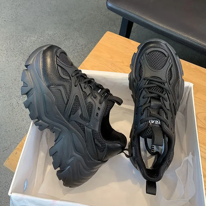 Trendy Thick-Soled Dad Sneakers for Women, Breathable Mesh, 2023 Spring and Autumn New Black Versatile Casual Sports Shoes, Ins Style