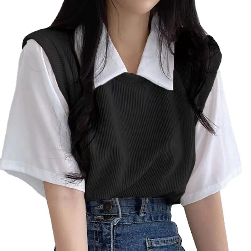 Áo Phông Ngắn Tay, Phong Cách Preppy, Ve Áo Polo Mùa Hè, Hai Mảnh Giả, Màu Tương Phản, Dáng Rộng Vừa Vặn, Áo dễ phối đồ Đi Chơi Dành Cho Nữ, Phong Cách Ins