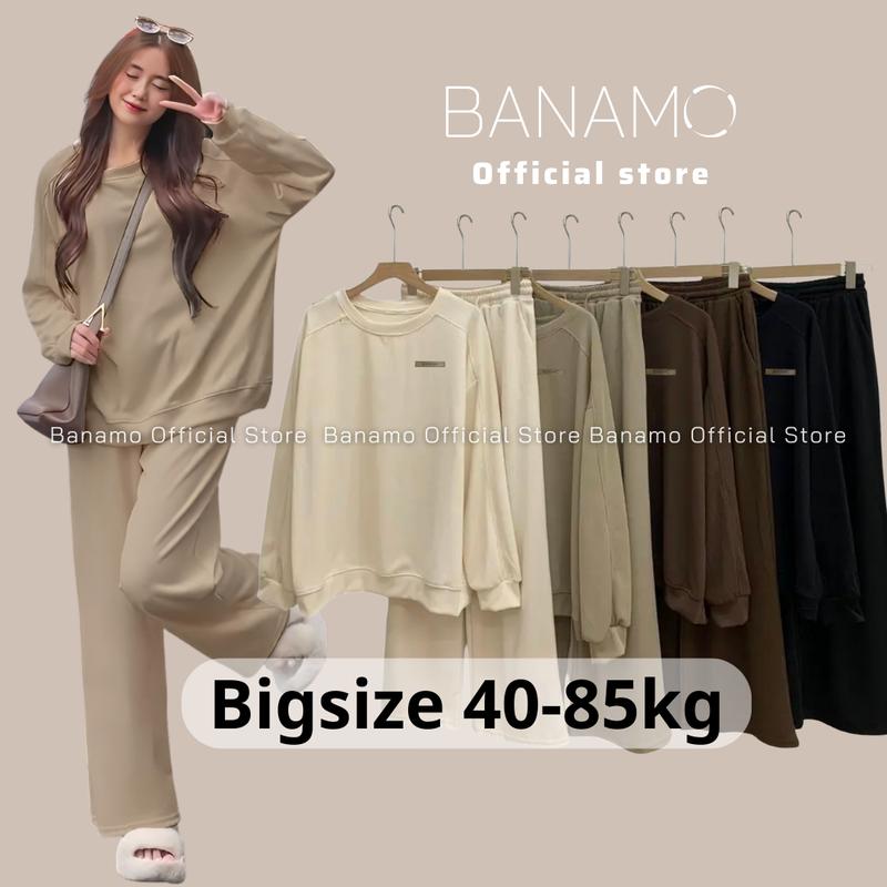 Set nữ Banamo Fashion bộ áo nỉ tăm cổ tròn kèm quần culottes 193 Top Kem Màu Đen Women