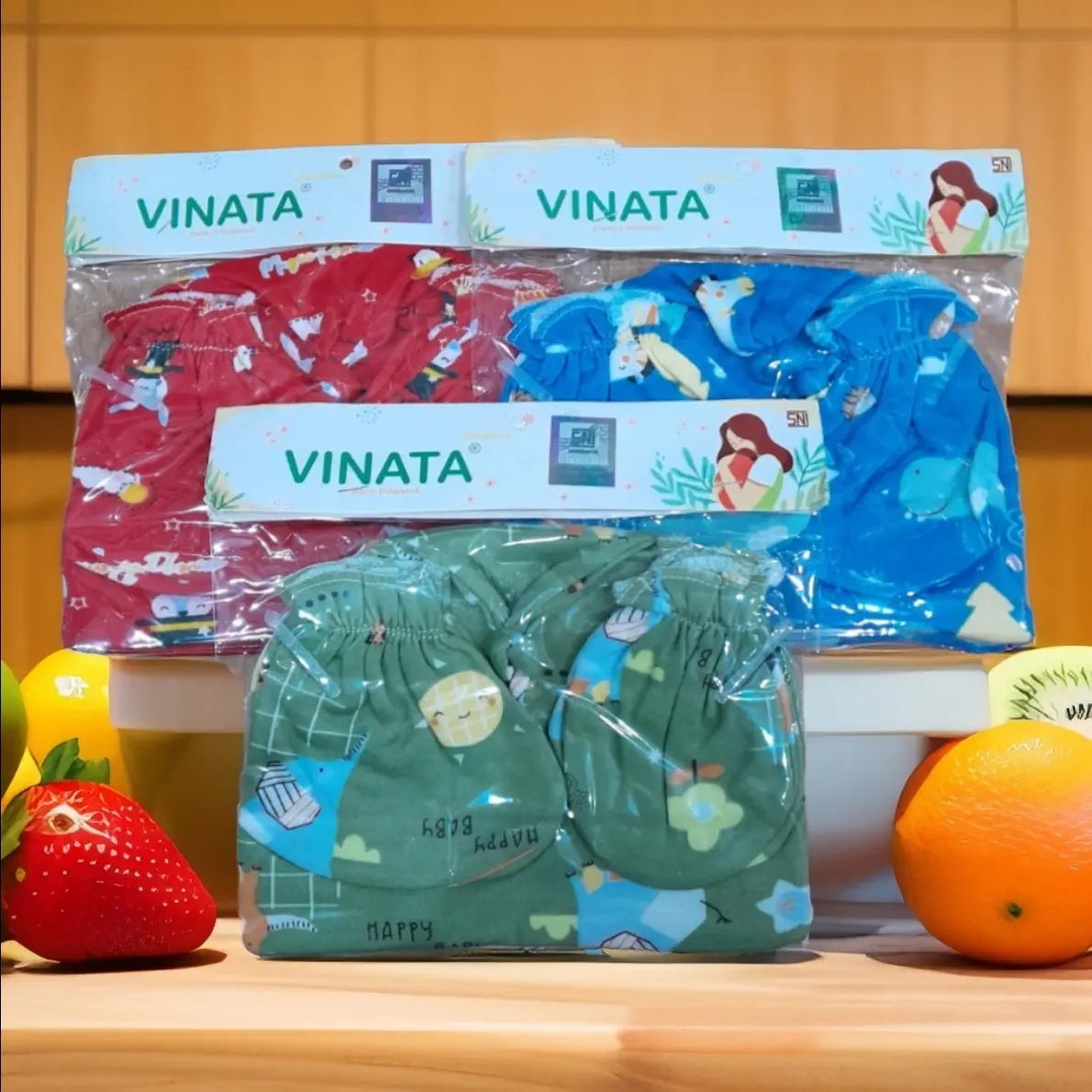 VINATA-(3in1)Topi set sarung tangan+sarung kaki motif full print SNI-Topi bayi Bayi