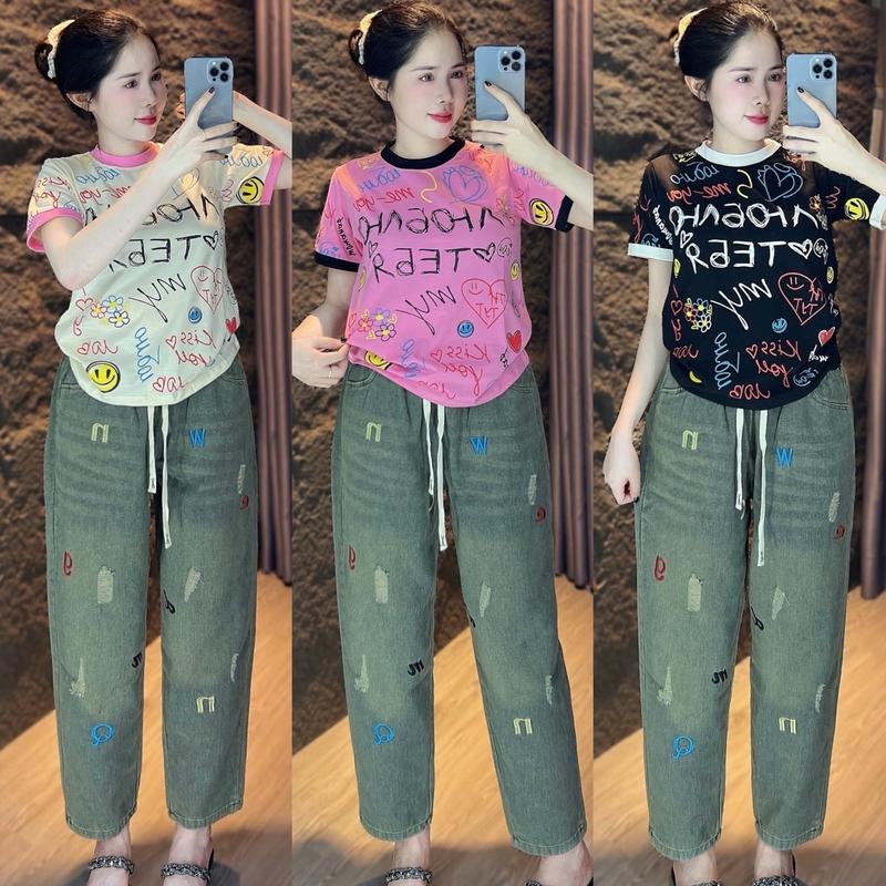 SÉT BỘ ÁO THUN COTTON IN HÌNH (chữ ciute) phối quần jean baggy lưng thun fom vừa (45kg - 57kg) - Tuhaodobo Women Nữ Top Navy