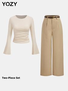 YOZY Women's Solid Ruched Top & Belted Button Pants Set, Casual Flounce Sleeve Round Neck Top & Pocket Wide Leg Trousers, Ladies Two-piece Outfits for All Seasons