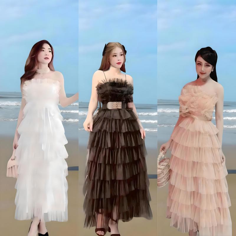 Đầm tầng lưới 2 dây có mút sang chảnh - Thời Trang TIX đơn nữ váy trắng kem voan trắng Nhung Women Voi Dress Màu Trắng promdress katie 1