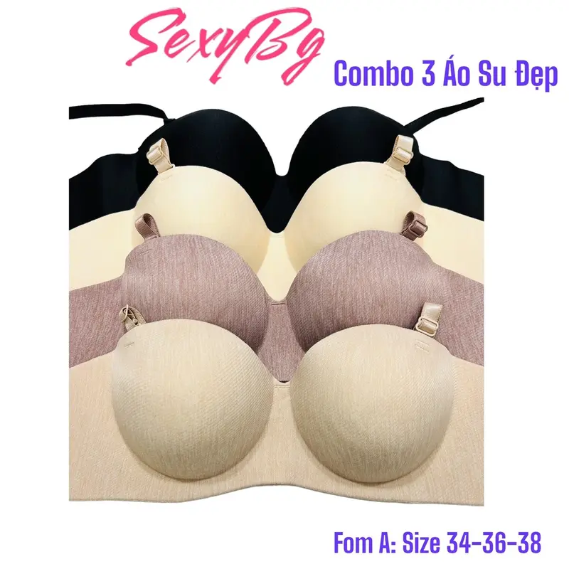 Combo 3 Áo Lót Nữ Su Nhung Vân Xước Thái Sang Trọng Cup Ngang Đệm 2 Phân Bra Nữ Kem Voi Voan 6