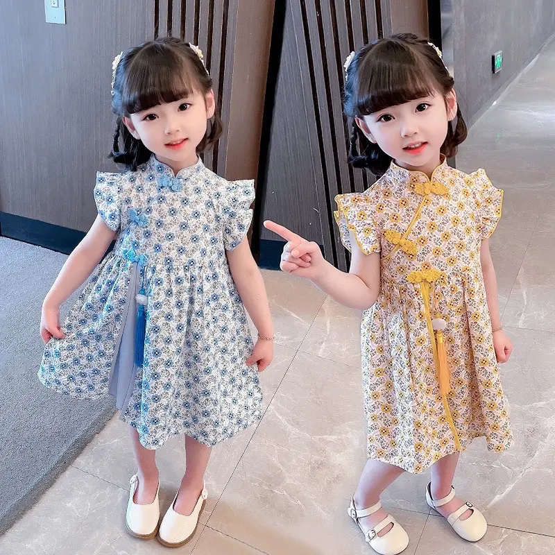 VaniKids SS9 Sườn Xám Hoa Nhí, Váy Hanfu Tang Mới , Váy Cánh Tiên Xếp Ly Cho Bé Gái (Kèm Ngọc Bội )