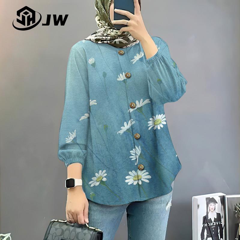 Product Introduction of Women's Muslim shirt elegant and colorful flower oversized loose long sleeved top, beautiful button style affordable and comfortable long sleeved shirt 24