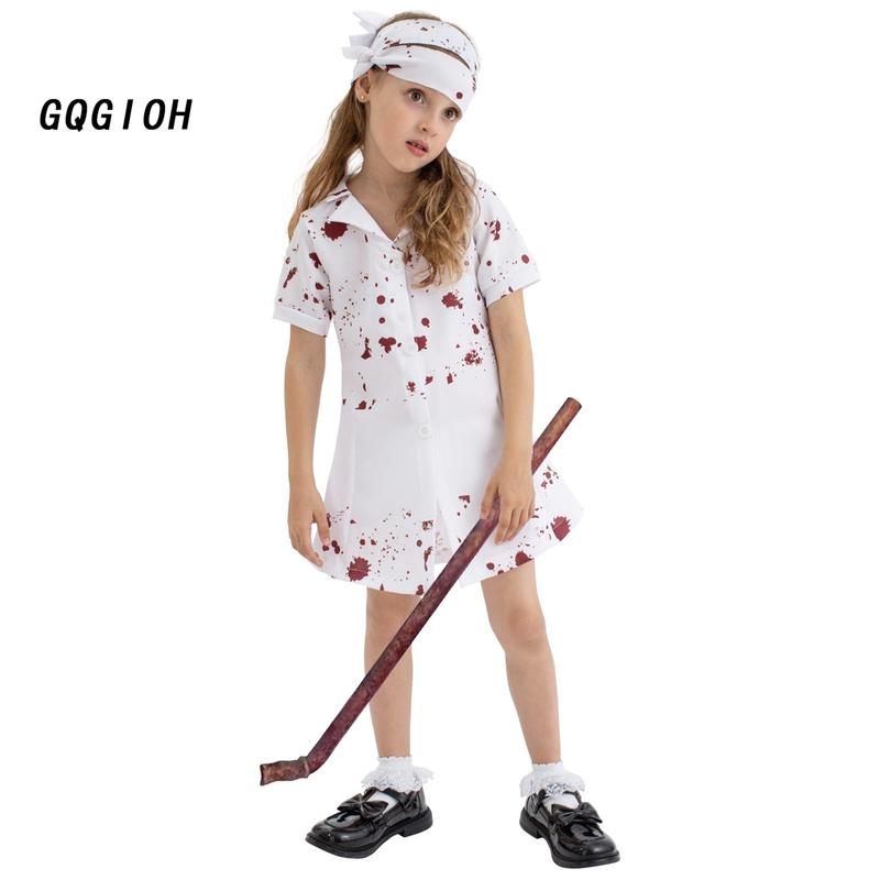 Bloody Nurse Costume for Girls Creepy Short Sleeve Dress Hat Set 6