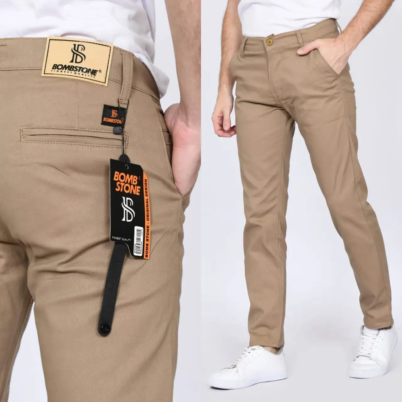 Celana Chino TERLARIS BOMSTONE Panjang Skinny Semi Slimfit Cowo/Cowok Pria Murah dan Grosir Denim Jeans Bandung Nyaman Tebal Lembut Hitam Melar Cream Mocca Abu