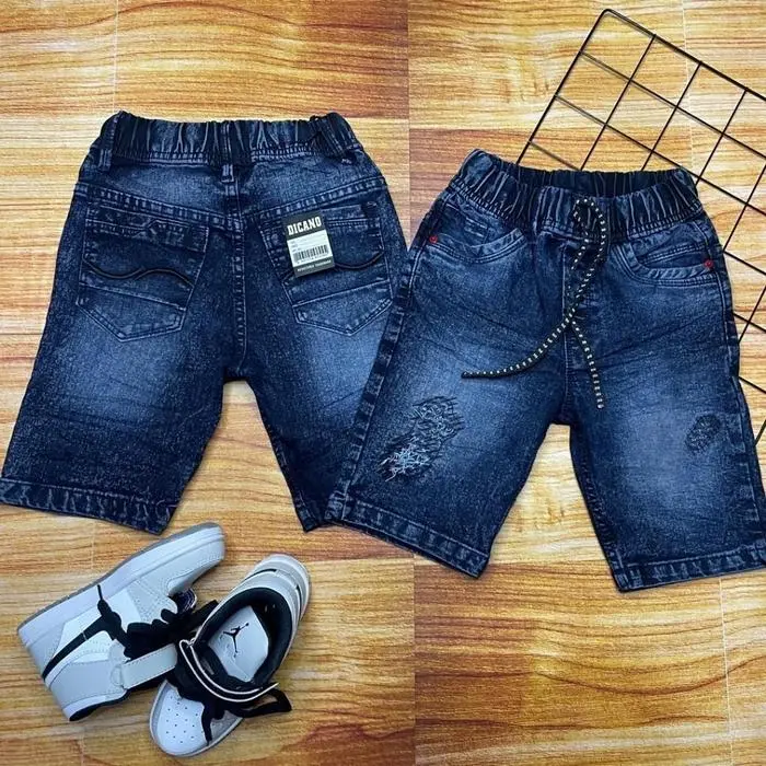 Celana Jeans ripped Lebaran Anak laki Pendek Preium Usia 4-12 Tahun Motif Bordir Bahan Stretch Pinggang Karet Fashion - black, 1