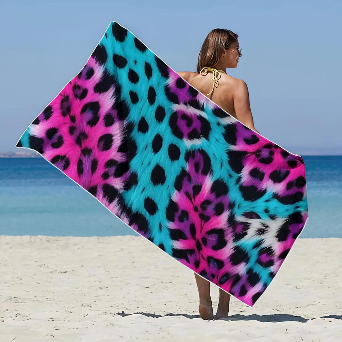 Colorful Leopard Print Beach Towel, Soft Lightweight Absorbent Towel, Quick Drying Towel for Camping Yoga Swimming Travel Beach