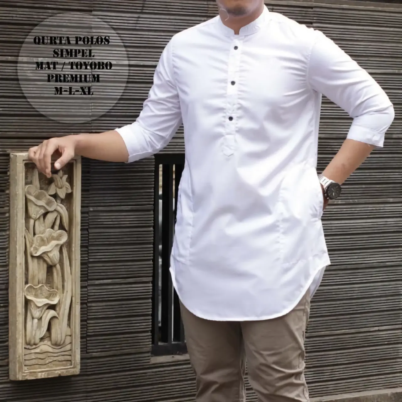 Baju Koko Kurta Pakistan Polos 3/4 Kancing Katun Toyobo Fodu Muslim Pria Dewasa - Model Koko Kurta Pakistan - Pendek, Putih, Panjang