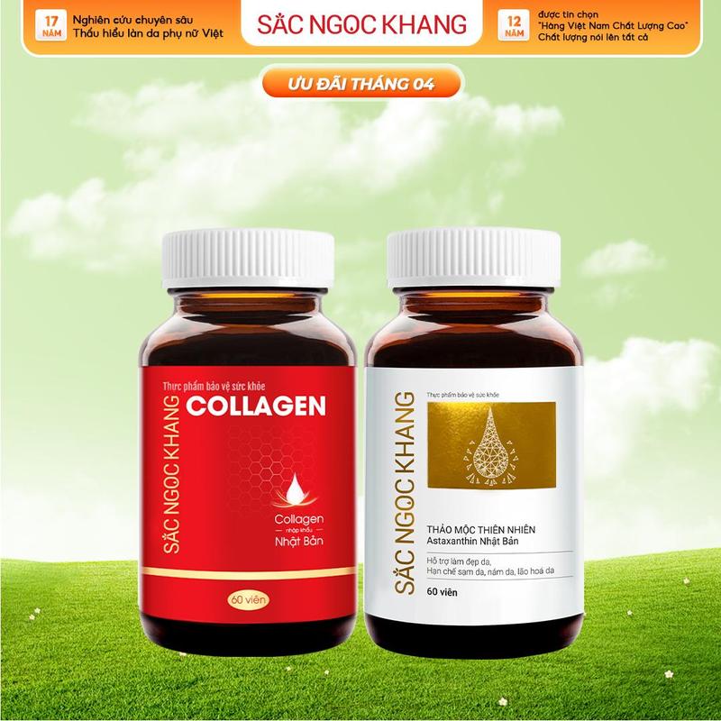Combo Hỗ Trợ Trẻ Hóa Da Hạn Chế Nám Sạm: Viên Uống Collagen Dipeptide [60v] & Viên Uống Vi Tảo Lục [60v] Sắc Ngọc Khang - Hỗ Trợ Dưỡng Da Tươi Sáng Cải Thiện Nếp Nhăn, Lão Hóa Da