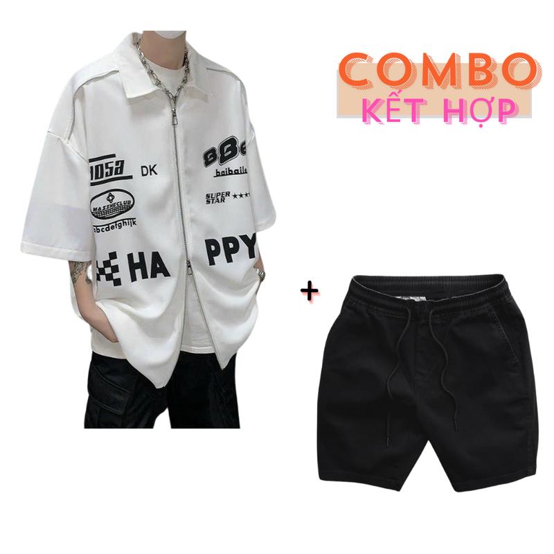 Set Bộ Áo Sơ Mi JAMINE HOUSE Tay Lỡ Và Quần Short KAKI ngắn HAPPY 2 MÀU - Có Tách Lẻ Nam Menswear Có Túi Kem