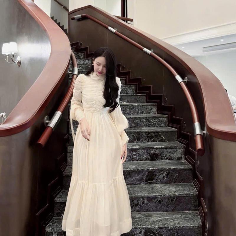 Váy thiết kế váy nữ xinh nhẹ nhàng - Váy tơ cổ lọ nhún tay bồng dài thướt tha bánh bèo 1364 Women Nữ Dress
