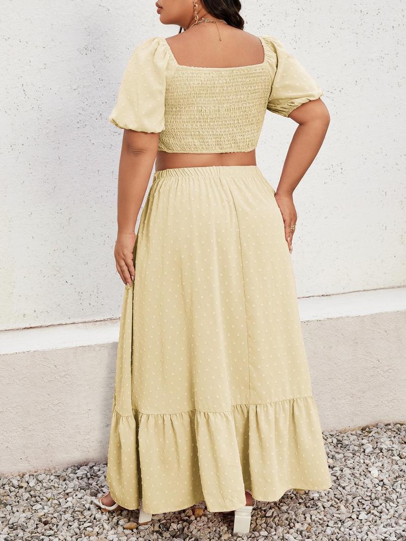 Product Introduction of CURVZY Plus Size Ruched Shirred Puff Sleeve Blouse & Ruffle Hem Skirt Set, Boho Swiss Dot Drawstring Sweetheart Neck Top & Long Skirt For Beach, Co Ords for Women, Women's Two-Piece Outfits For Summer & Autumn 11