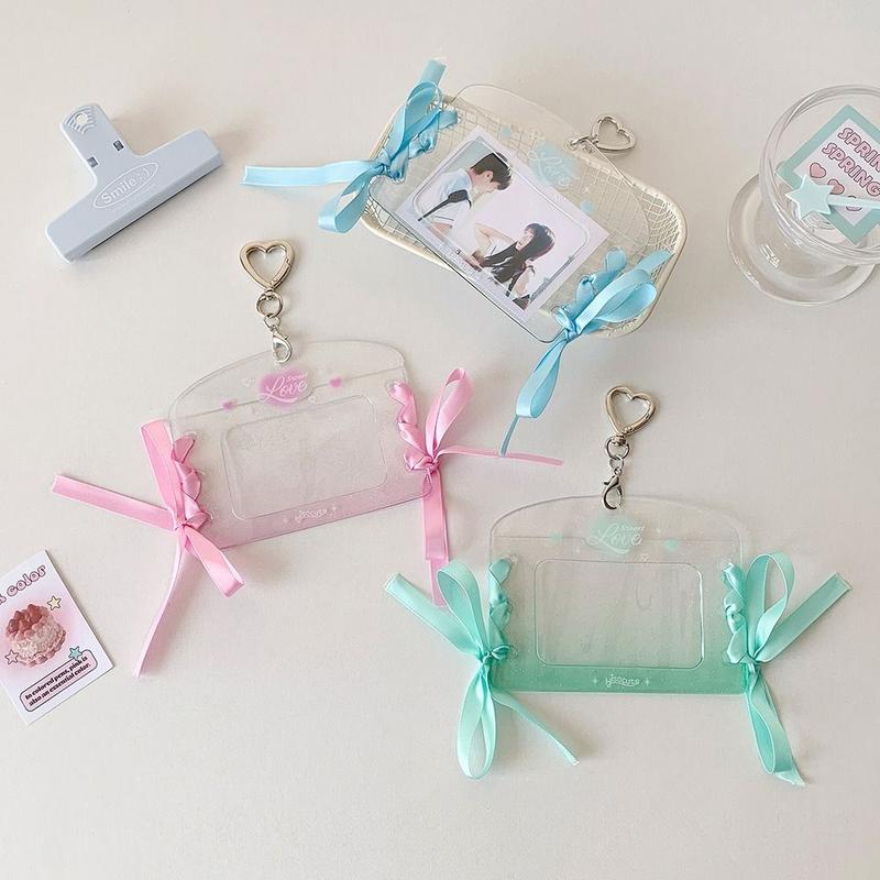 Product Introduction of 1-3in Photo Display With Keychain DIY Ribbon Photocard Holder Love Heart Pendant Hanging Decoration Idol Card Display Protector Picture PVC Card Cover ID Photo Photocard Frame School Stationery 12