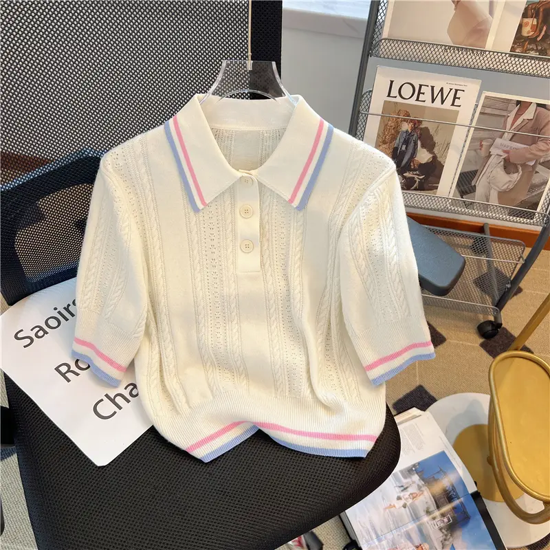 Áo Len Cổ Polo, Thiết Kế Phong Cách Pháp, Dành Cho Nữ, Hàng Mới Về Mùa Hè 2024, Phong Cách Preppy, Dễ Phối Đồ, Áo Thời Trang Thường Ngày Áo Nữ
