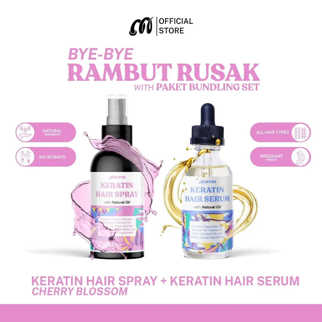 Morrin Perawatan Rambut Al in One - Paket Serum + Spray Mist Cherry Blossom untuk Rambut Berketombe, Melebatkan Rambut, Rambut Kering dan Bercabang, vitamin rambut