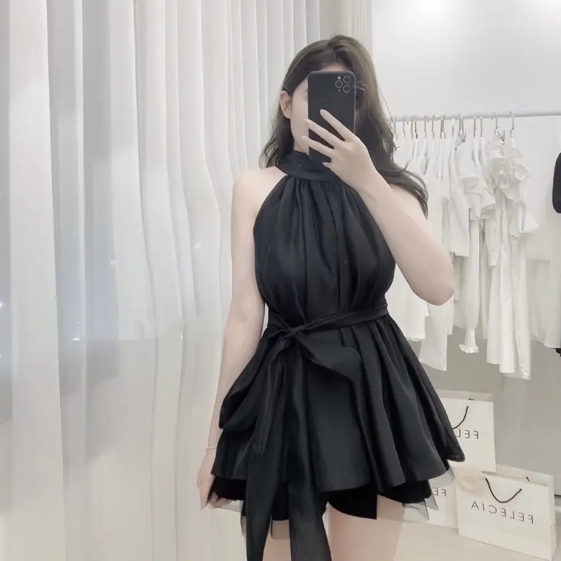 Áo kiểu nữ cổ yếm cột nơ DOLARO, áo voan kiếng 2 lớp sát nách cột nơ mặc được hai kiểu kèm hình thật Kem Jean 3