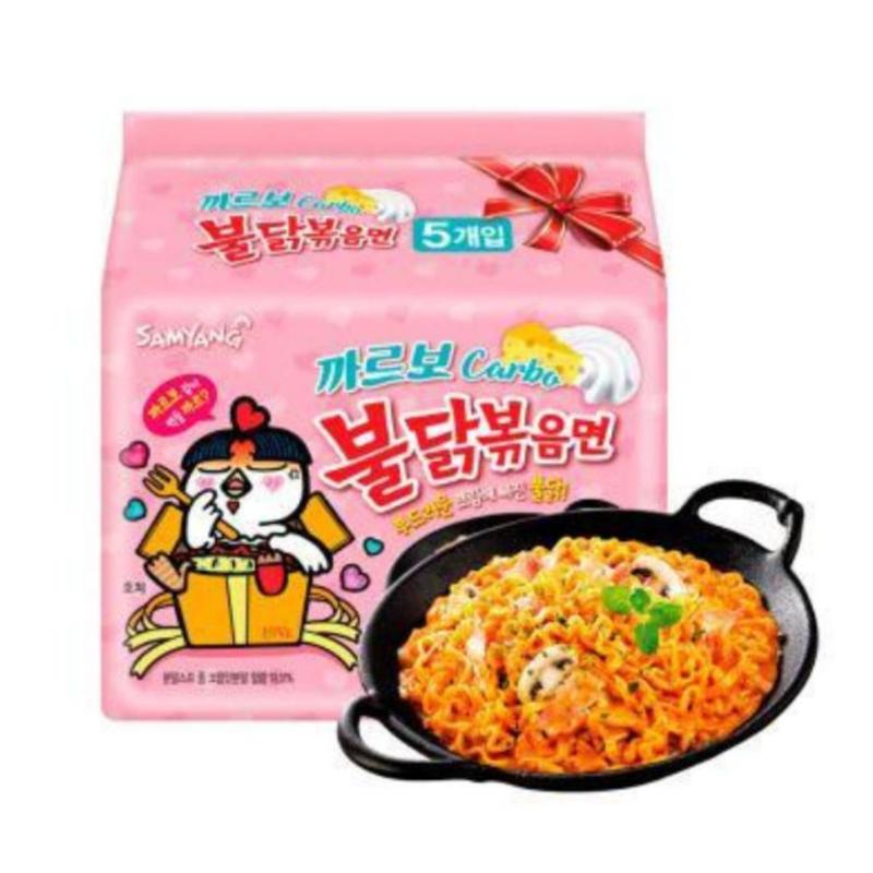 Lốc 5 gói mì gà cay phô mai Carbo Buldak trộn khô Samyang màu hồng