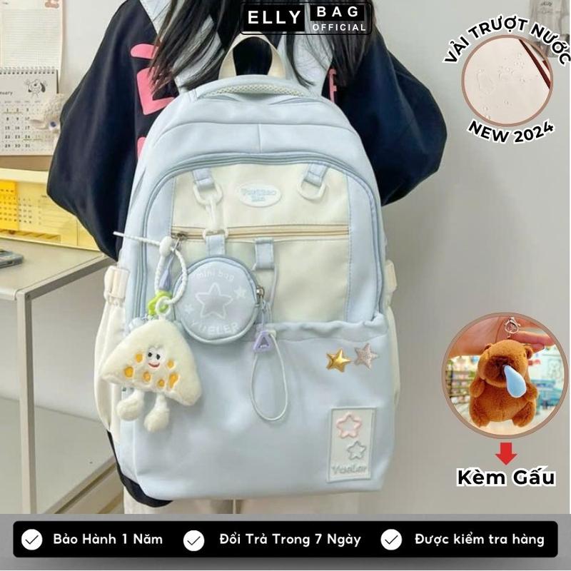 Balo nữ balo đi học nam nữ Cặp đi học Ba lô vải nhiều ngăn đựng laptop 15.6inh chống nước ELLY BAG Nhung Đeo Vai Chống Sốc Kem B58