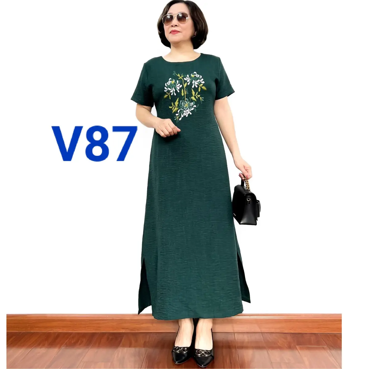 Đầm Cho Mẹ Chất Liễu Đũi Siêu Mềm Mát Họa Tiết Thêu Hoa Tinh Xảo