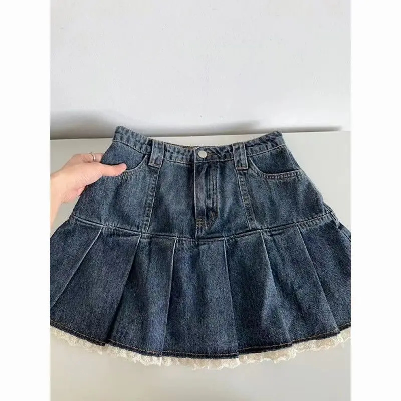 Chân Váy Denim Xếp Ly Ren Ngọt Ngào Hàng Mới Về Mùa Hè, Dành Cho Nữ, Cạp Cao, Chữ A Mỏng Vừa Vặn, Chống Lộ, Phong Cách 2024 3
