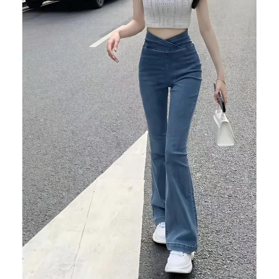 Tiktok shop- Irregular Jeans Women's High Waist Slim-Fit Skinny V-Shaped Trousers Summer Thin Wide Leg Mopping Bell-Bottom Pants Womenswear Lingerie Lady Streetwear Denim Pockets Basic Fitted Minimalist