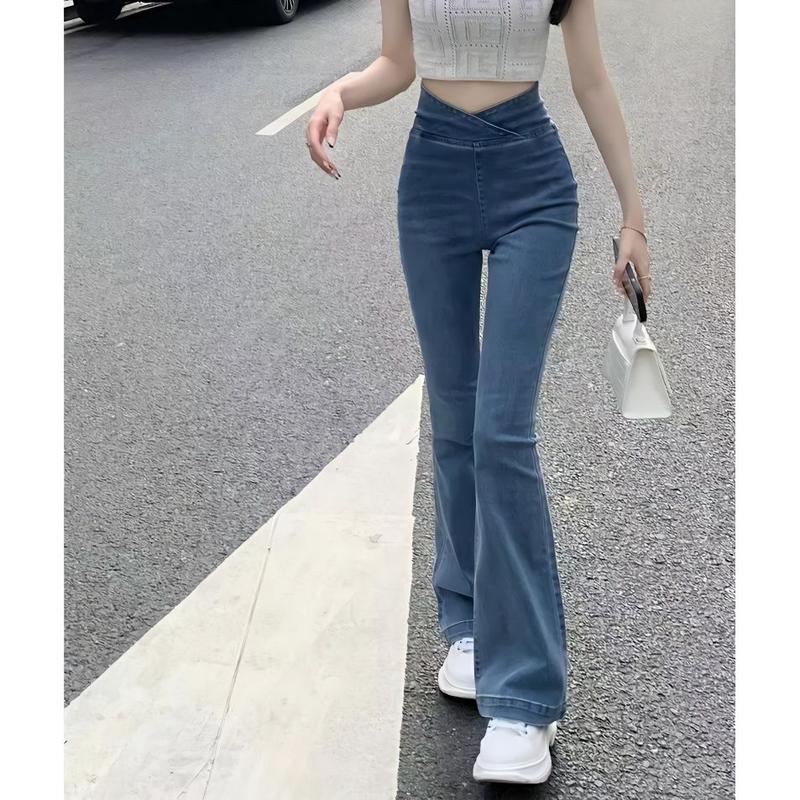Tiktok shop- Irregular Jeans Women's High Waist Slim-Fit Skinny V-Shaped Trousers Summer Thin Wide Leg Mopping Bell-Bottom Pants Womenswear Lingerie Lady Streetwear Denim Pockets Basic Fitted Minimalist 0