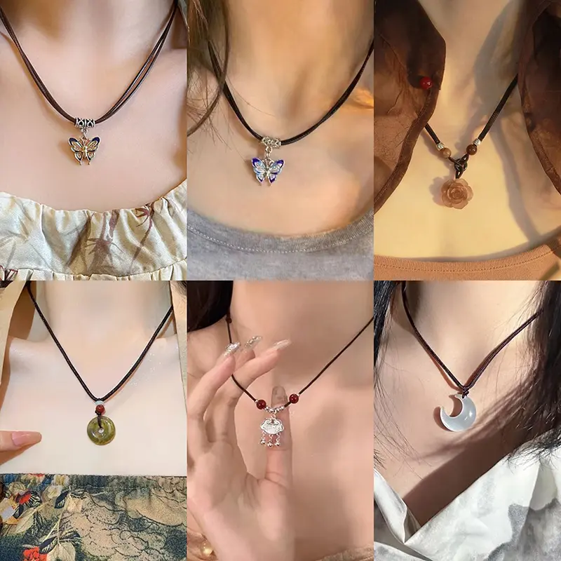 Chinese Style Fashion Retro Braided Rope Necklace Butterfly Flower Moon Safety Lock Pendant Necklace For Women Vintage