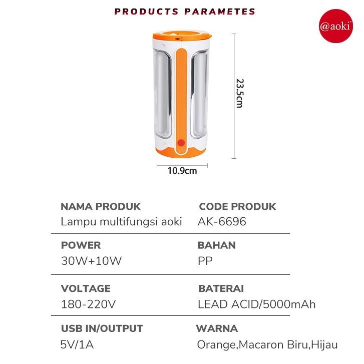 Aoki AK6696 Senter Besar / Jumbo LED Super Terang / Lampu Emergency / Powerbank 3 in 1 Rechargable 30 Watt + 54 SMD BONUS Kabel Charger 8