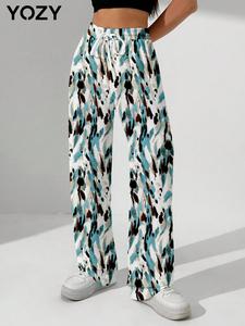 YOZY Women's All Over Print Drawstring Waist Wide Leg Pants, Casual Comfy Trousers for Daily Wear, Ladies Bottoms for All Seasons